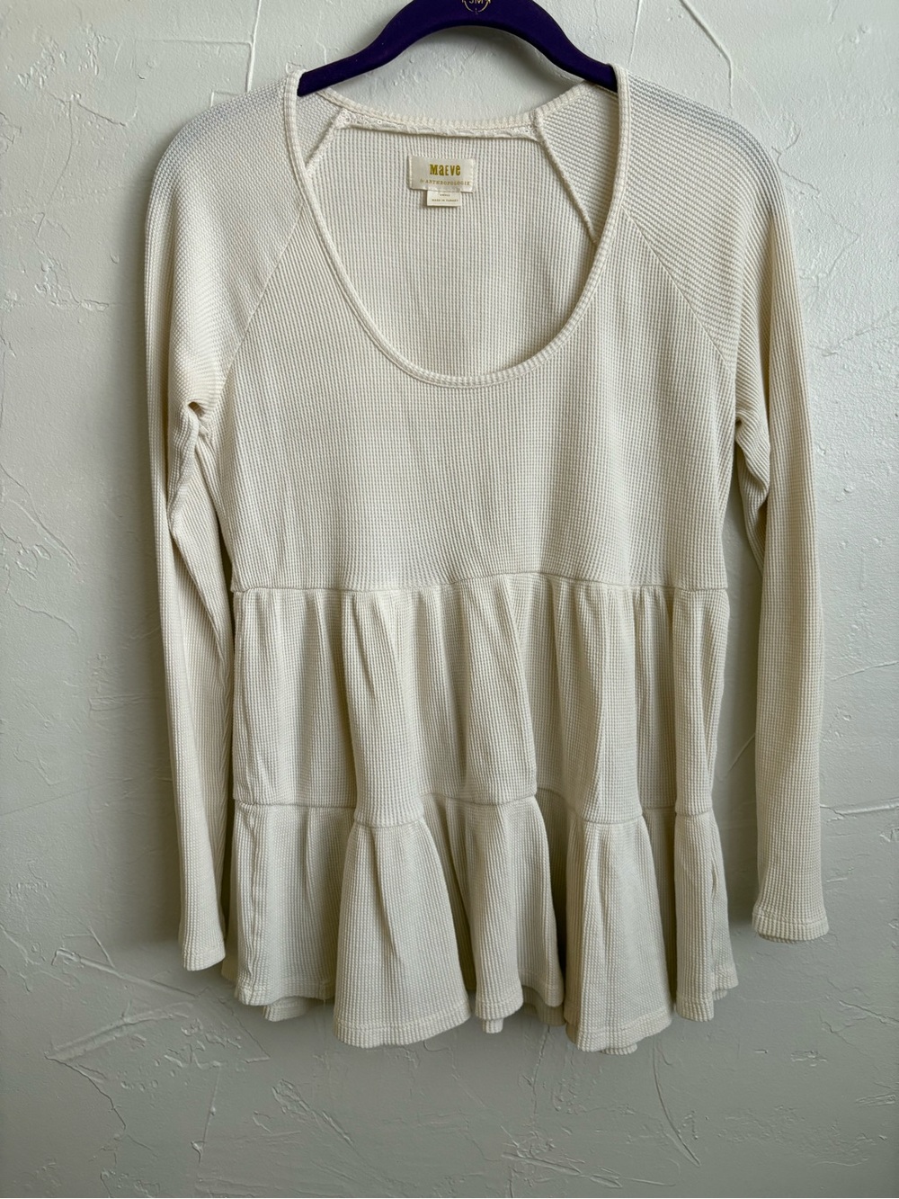 Maeve Women's Cream Waffle Knit Peplum Long-Sleeve Top Boho Basic